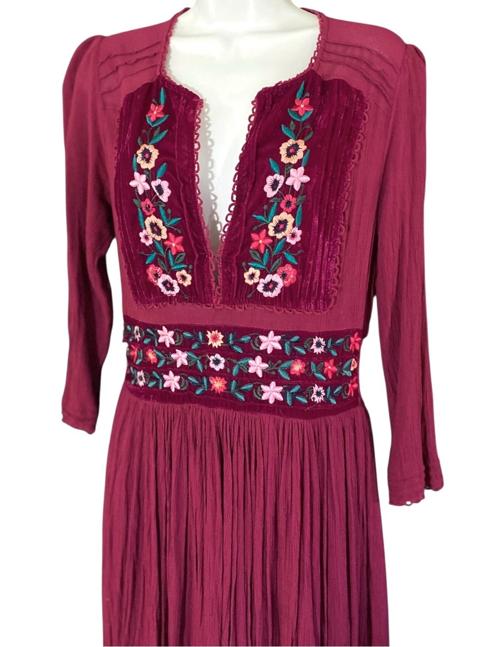 Free People Floral Embroidered Folk Gauzey Midi Dress S Cranberry Red Peasant - Picture 4 of 14